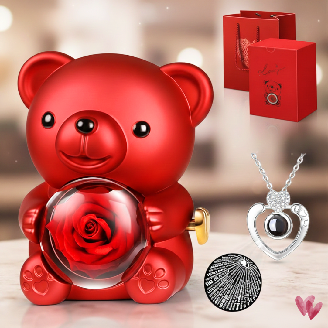 Osito con rosa eterna y collar personalizado
